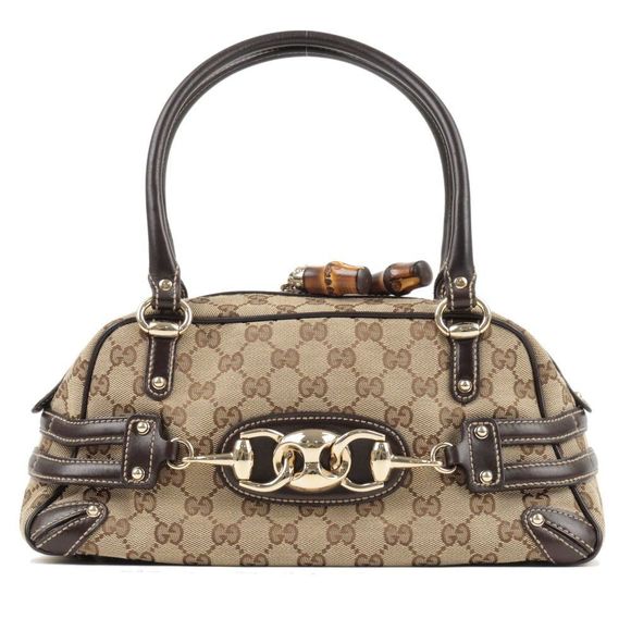 Gucci Horsebit Bamboo GG Canvas Leather Mini Boston Bag Brown - Picture 1 of 11